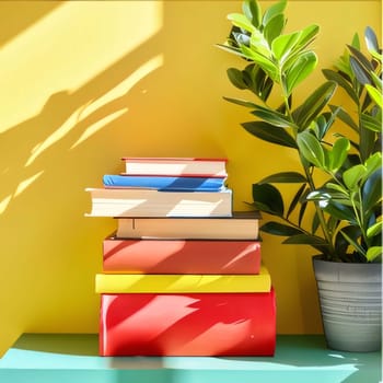 World Book Day: Stack of colorful books and plant on yellow wall background. Back to school concept.