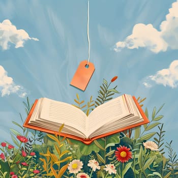 World Book Day: Open book with tag and flowers on blue sky background. Vector illustration.