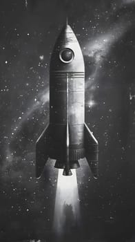 A monochrome image of a rocket soaring through the darkness of space, showcasing the intricate symmetry of its design by an aerospace manufacturer