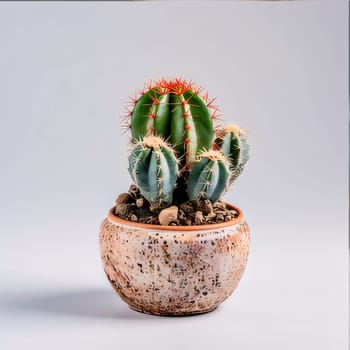 Plant called Cactus: Cactus in a pot on a gray background. Studio shot.