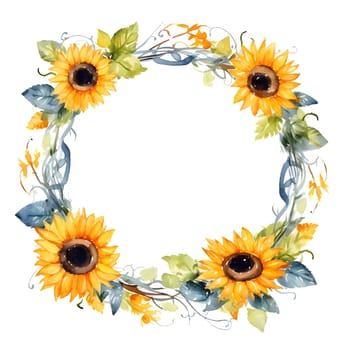 A circular frame adorned with cheerful sunflowers is positioned on a clean white background, creating a captivating and visually appealing arrangement.