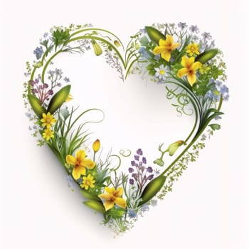 Heart arranged with colorful flowers on a white background, in the middle of the space for your own content. Graphic with space for your own content.