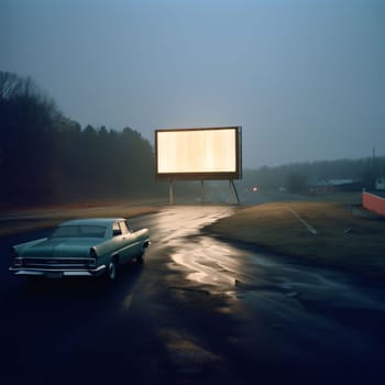 White blank screen cinema billboard with space to add your own content around car clouds, evening. Graphic with space for your own content.