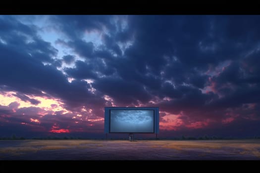 White blank screen cinema billboard with space to add your own content around car clouds, evening. Graphic with space for your own content.