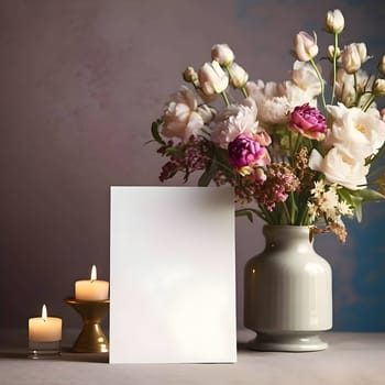 A serene white empty card featuring delicate flowers and flickering candles in the background, creating a peaceful and inviting atmosphere.