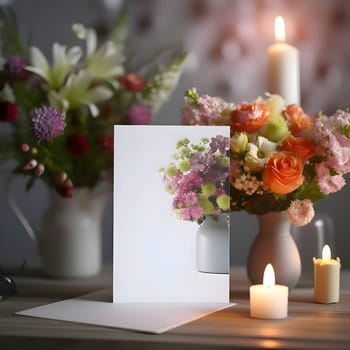 A serene white empty card featuring delicate flowers and flickering candles in the background, creating a peaceful and inviting atmosphere.