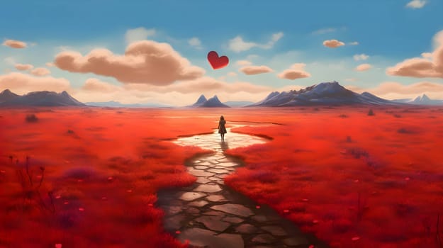 A girl standing in a vast red field, surrounded by a giant heart.