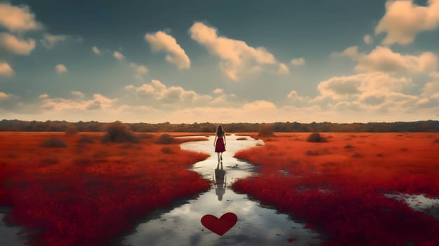 A girl standing in a vast red field, surrounded by a giant heart.