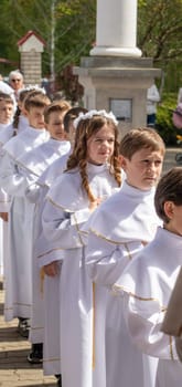 05.05.2024 - Brest, Belarus - People gathered for first communion mass at Roman catholic church.