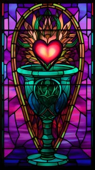 Logo concept: A beautifully crafted stained glass depiction of a church chalice intertwined with a heart, symbolizing the union of faith and love.