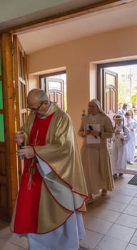 05.05.2024 - Brest, Belarus - People gathered for first communion mass at Roman catholic church.