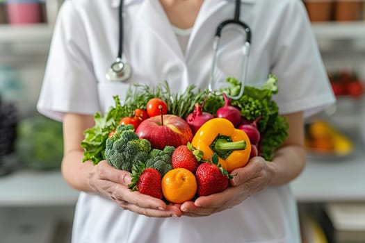 A doctor in a white coat with a stethoscope around his neck holds a bunch of fruits and vegetables in his hands. Nutrition food for good health.