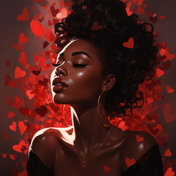 Black woman around her flying red Hearts. Heart as a symbol of affection and love. The time of falling in love and love.