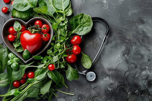 Stethoscope or phonendoscope surrounded by tomatoes and greens on a concrete surface, top view. Healthy eating concept.