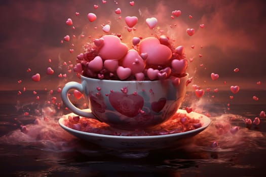 Red hearts in a cup, abstract dark background. Heart as a symbol of affection and love. The time of falling in love and love.