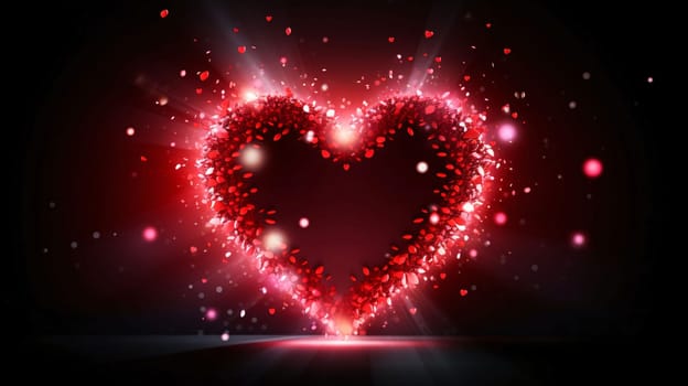 Red diamond heart with sparkles of light on a dark background of dust particles.Valentine's Day banner with space for your own content. Heart as a symbol of affection and love.