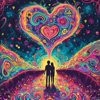 Colorful rainbow abstract illustration of a couple, in love around a heart. Heart as a symbol of affection and love. The time of falling in love and love.