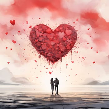 A couple in love standing under a large heart made of tiny hearts on a light background, with dry tree trunks all around. Heart as a symbol of affection and love. The time of falling in love and love.