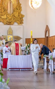 05.05.2024 - Brest, Belarus - People gathered for first communion mass at Roman catholic church.