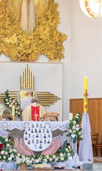 05.05.2024 - Brest, Belarus - People gathered for first communion mass at Roman catholic church.