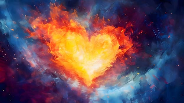Illustration: A large fiery flaming heart stands out against a dark blue background.