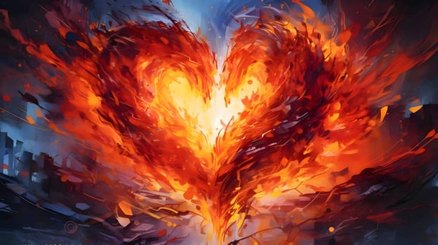 Illustration: A large fiery flaming heart stands out against a dark blue background.