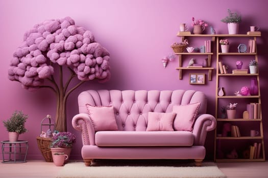 Cartoon 3D interior of a room in lilac and purple shades with a sofa and shelfs on the wall.