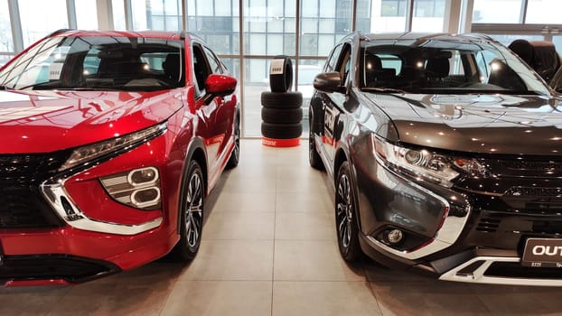 Cheboksary, Russia - March 20, 2023: Cars in showroom of dealership Mazda