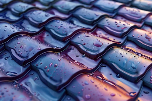 Close up of metal wet roof tile.