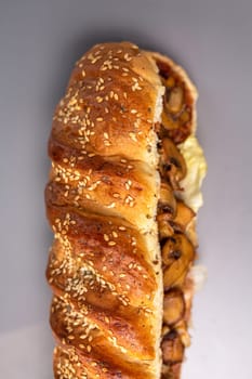 sandwich in a crispy loaf with mushroom filling.