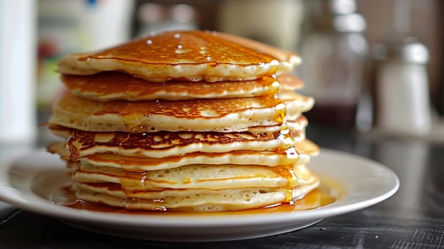 Delicious pancakes with berries, honey or maple syrup. food selective focus. Generative AI,