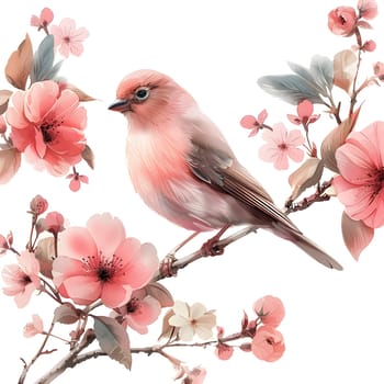An artistic portrayal of a small pink bird perched delicately on a branch surrounded by beautiful flowers, capturing the essence of natures beauty