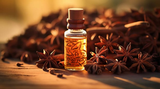 Star anise essential oil in bottle on wooden background. Nature Generative AI