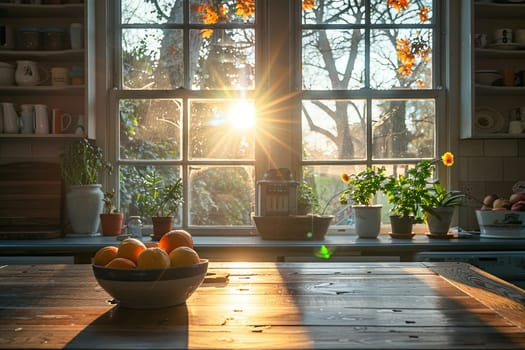 The sun's rays flood the kitchen table at dawn. Vintage kitchen interior.