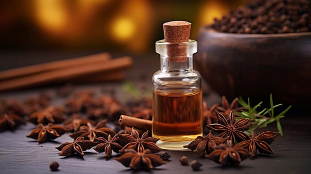 Star anise essential oil in bottle on wooden background. Nature Generative AI