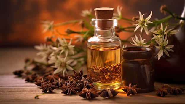 Star anise essential oil in bottle on wooden background. Nature Generative AI
