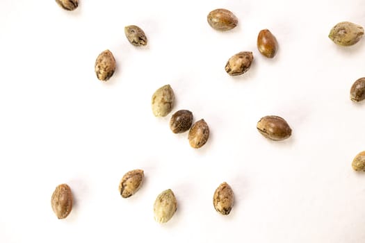 Hemp seeds on white background. top view.