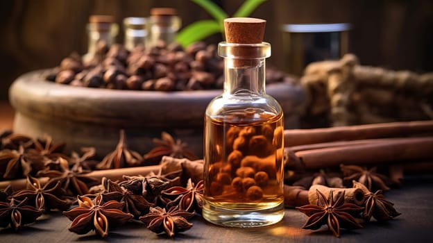 Star anise essential oil in bottle on wooden background. Nature Generative AI