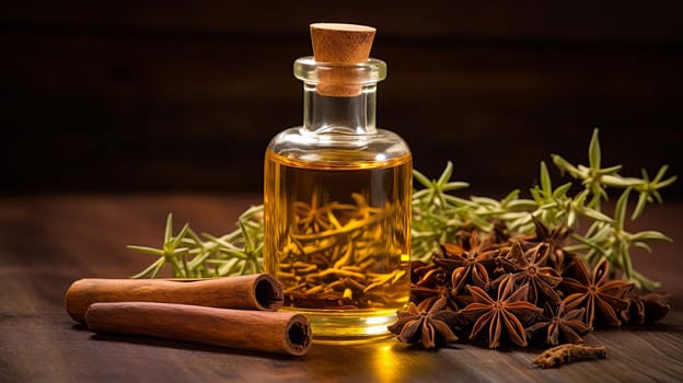 Star anise essential oil in bottle on wooden background. Nature Generative AI