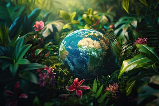 Globe with a background of tropical leaves and flowers. Environment conservation concept.