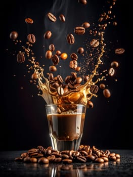 Falling coffee beans with coffee splashes isolated on a white background. Ai generated image