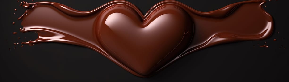 A captivating heart shaped splash of liquid chocolate against a dark background, symbolizing love and indulgence, perfect for World Chocolate Day and romantic themes. Panoramic banner. Generative AI