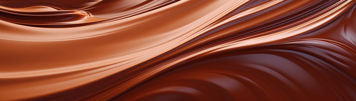 Luxurious flowing chocolate texture creates a visually captivating background, perfect for advertising, packaging, and World Chocolate Day promotions. Panoramic banner. Generative AI