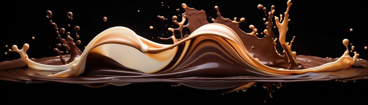 Dark and milk chocolate splashes in mid air against a dark backdrop, illustrating the beauty and fluidity of liquid chocolate. Ideal for culinary art and World Chocolate Day themes. Generative AI
