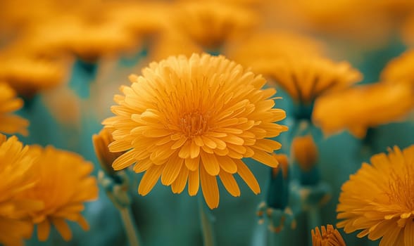 A cluster of bright yellow flowers bloom in a lush green field.