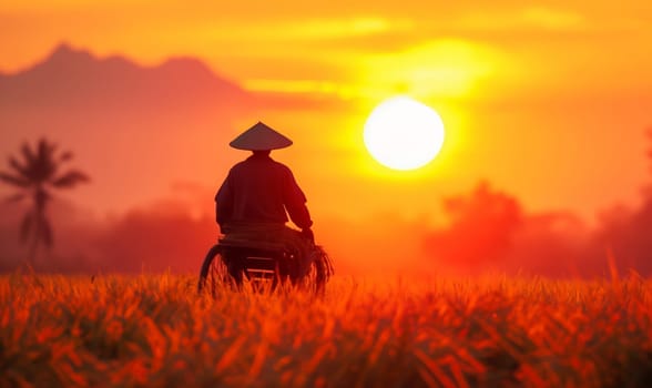 A person in a wheelchair navigating through a field at sunset.