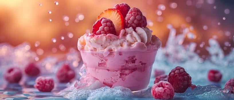 A pink cup filled with whipped cream and raspberries on a table.