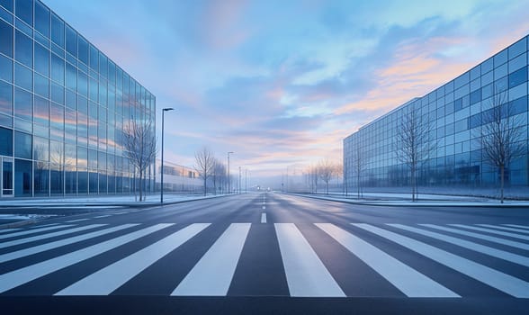 An empty street with a crosswalk painted in the center on a clear day.