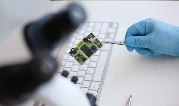 An employee of computer repair service assembly keeps spare part motherboard processor with tweezers for installation using method of soldering technology development