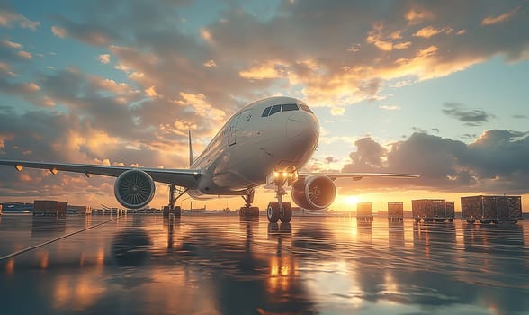 Airplane gleams under a vibrant sunset sky.